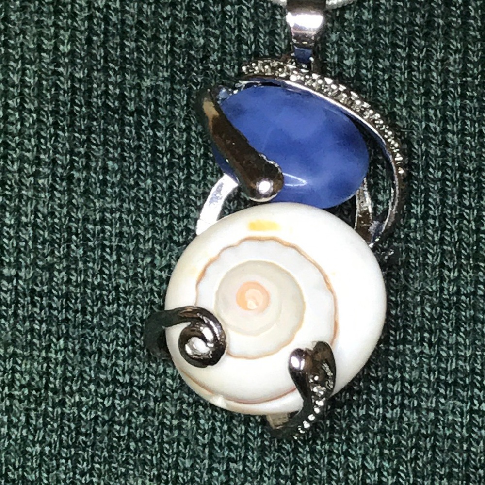 Shell pendant necklace blue and cream silver chain handmade by Amanda Sanchez